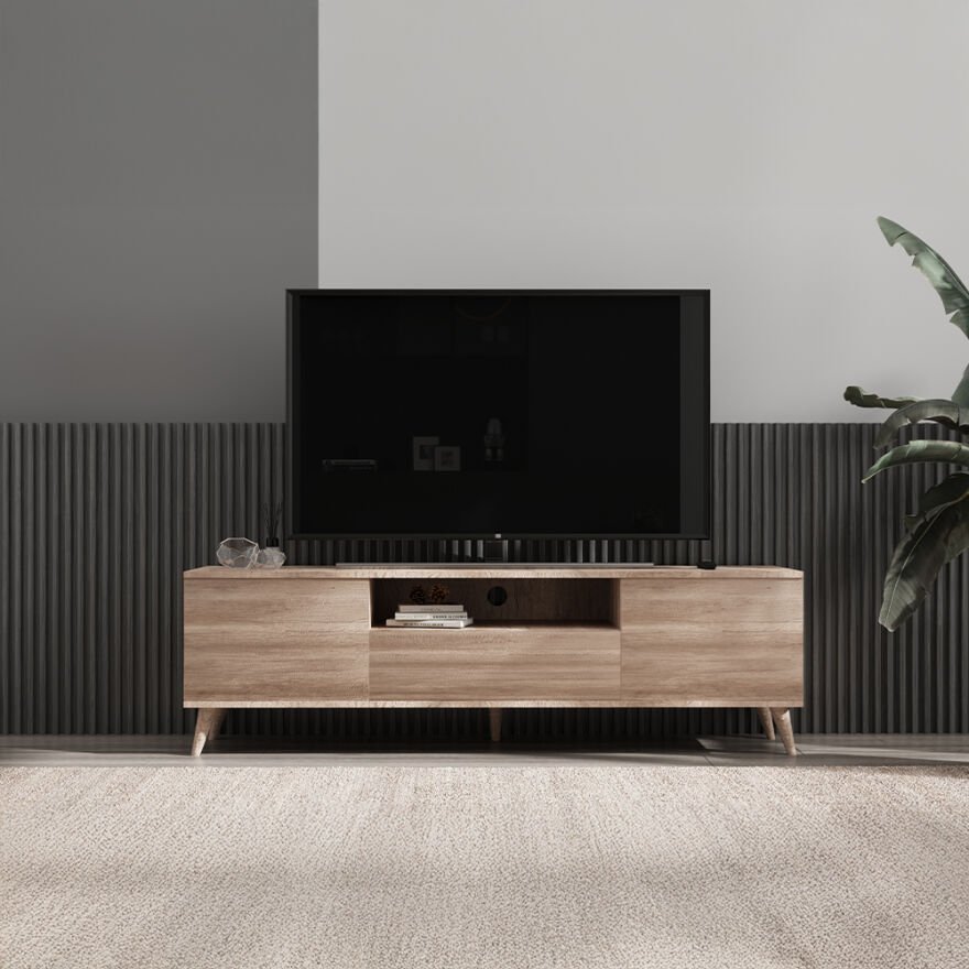 Τραπέζι τηλεόρασης με 2 θήκες με καπάκια PUSH-ON Light Walnut (Tori) 180x55x40 cm (ΠxΥxΒ)