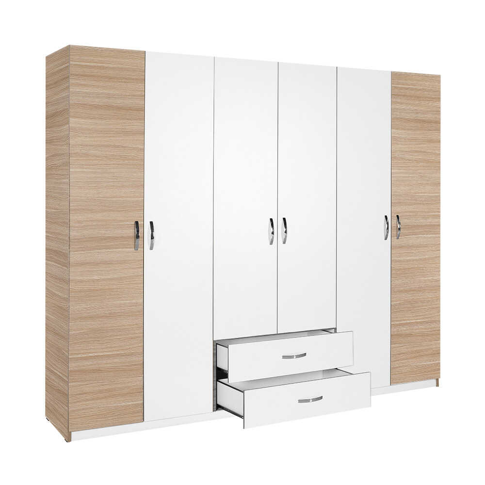 Εξάφυλλη Ντουλάπα Ρούχων & 2 Συρτάρια Λευκό, Φυσικό 209x53x240cm TPGR-62 - Image 3