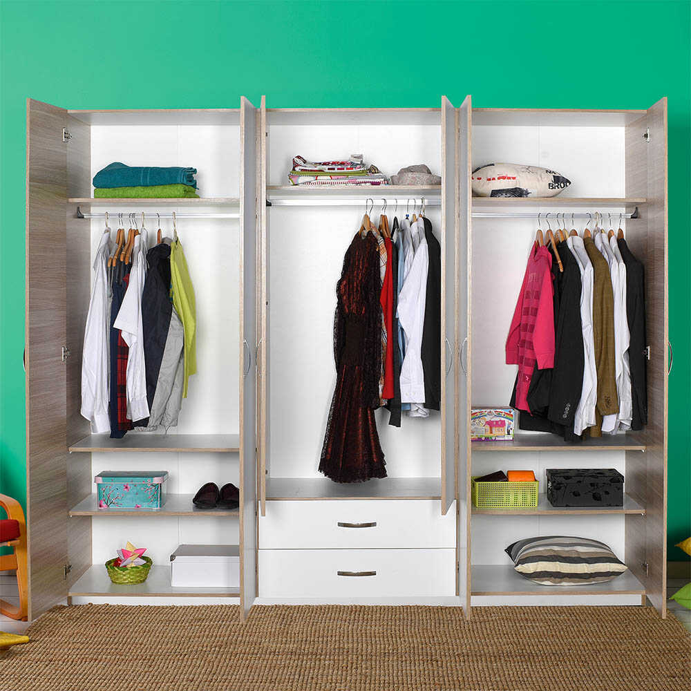 Εξάφυλλη Ντουλάπα Ρούχων & 2 Συρτάρια Λευκό, Φυσικό 209x53x240cm TPGR-62 - Image 4