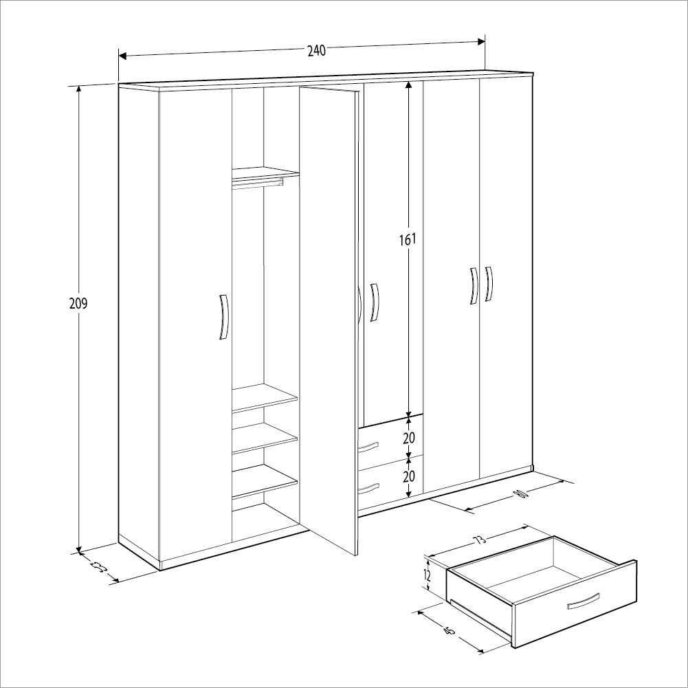 Εξάφυλλη Ντουλάπα Ρούχων & 2 Συρτάρια Λευκό, Φυσικό 209x53x240cm TPGR-62 - Image 5