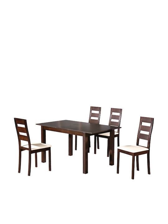 IDEA Set Τραπεζαρία Κουζίνας Ξύλινη Επεκτεινόμενο Τραπέζι + 4 Καρέκλες Σκ.Καρυδί-PVC Εκρού 120+30x80x74